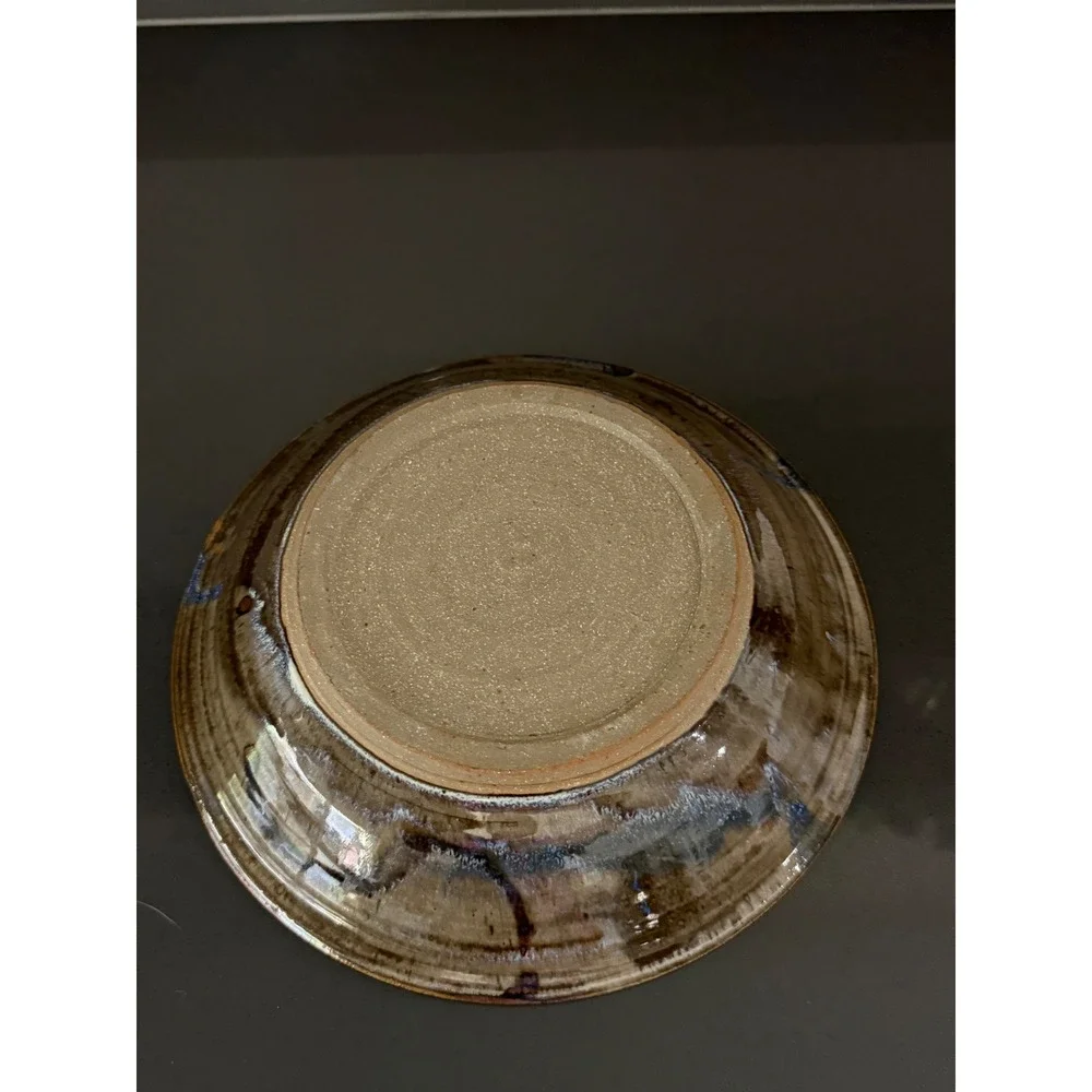 Vtg Studio Pottery Hand‎ Thrown Stoneware Bowl Brown Glaze Spiral Center 11.5